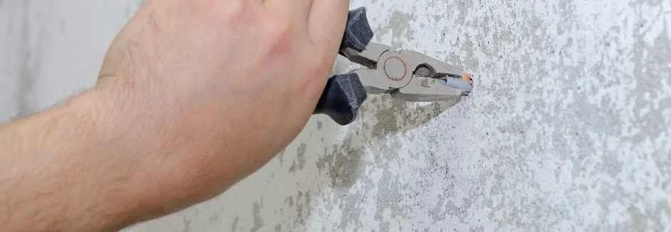 Hand verwendet eine Zange an einer Wand